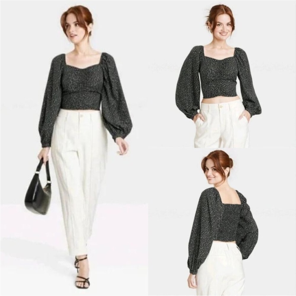 A New Day Black Long Balloon Sleeve Ruched Front Smocked Back Top